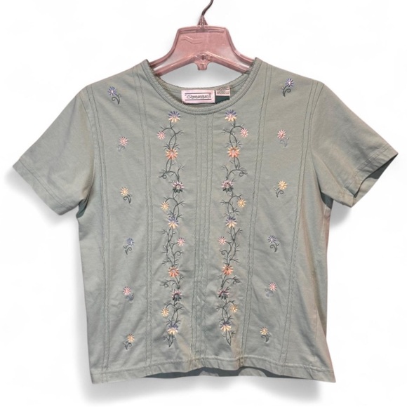 Shenanigans Tops - Shenanigans Floral Embroidered Tee Sage Green Size Small